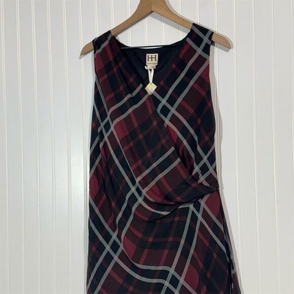 Haute Hippie Women’s Small Plaid Silk Dress Burgundy Black Asymmetrical Hem NWT - Picture 3 of 12